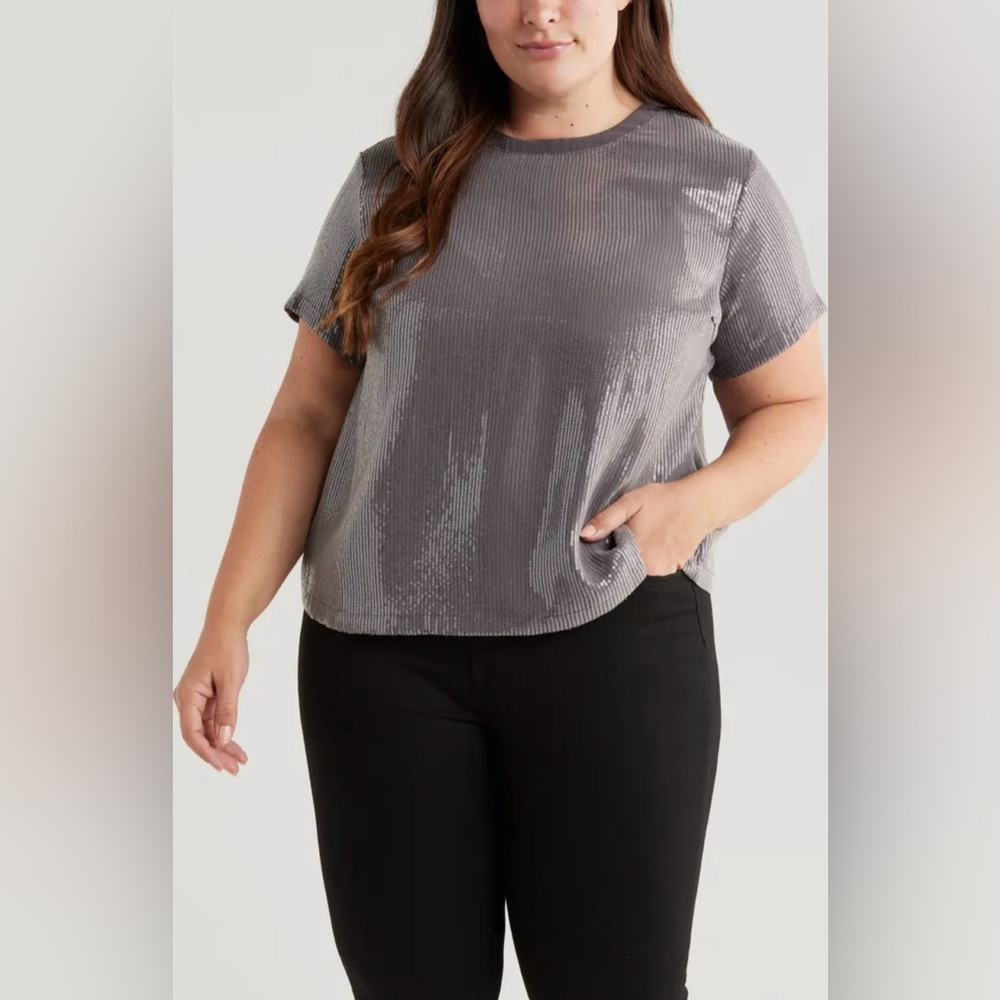 🛍️NWT Sanctuary 1X Gray/Gunmetal Sequin Short Sleeve Relaxed T-Shirt